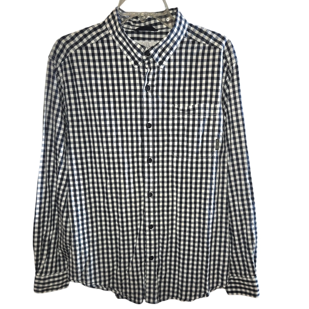 Columbia Navy & White Check Stretch Long‎ Sleeve Casual Button Up Shirt Size L